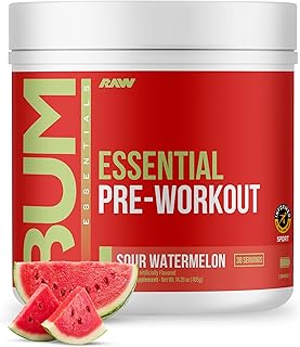 RAW Essential Pre-Workout Powder (Sour Watermelon) - Chris Bumstead Sports Nutrition Supplement for Men & Women - Preworkout Energy Powder with Caffeine, L-Citrulline, L-Tyrosine, & Beta Alanine Blend