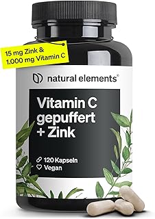 natural elements Vitamin C - 120 Kapseln - Hochdosiert mit 1000mg + 15mg Zink - Pflanzlich fermentiert & gepuffert (pH-neutral, säurefrei, magenschonend) - vegan, laborgeprüfte Qualität