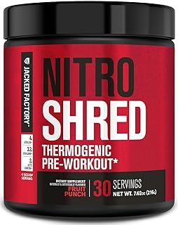 Jacked Factory NITROSURGE Shred Pre Workout Supplement - Energy Booster, Instant Strength Gains, Sharp Focus, Powerful Pumps - Nitric Oxide Booster & PreWorkout Powder - 30Sv, Fruit Punch