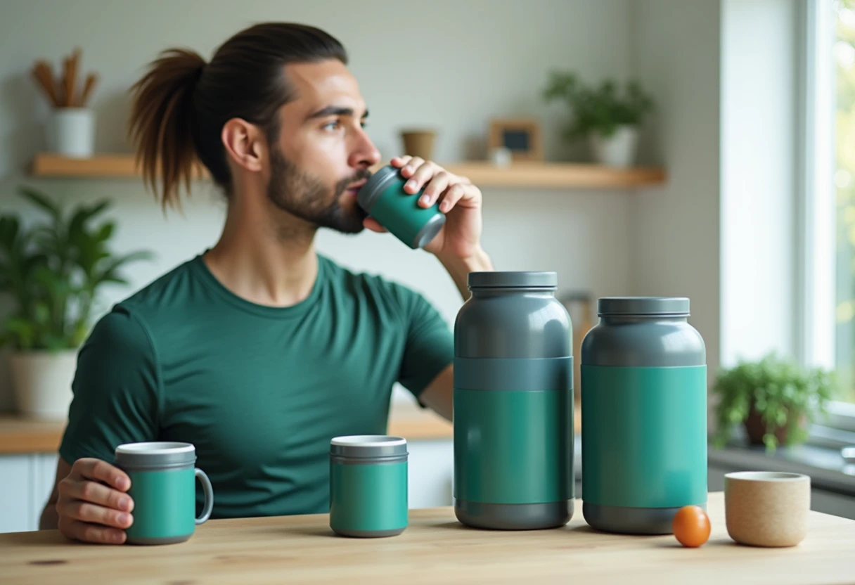 Atleta con suplementos en una cocina